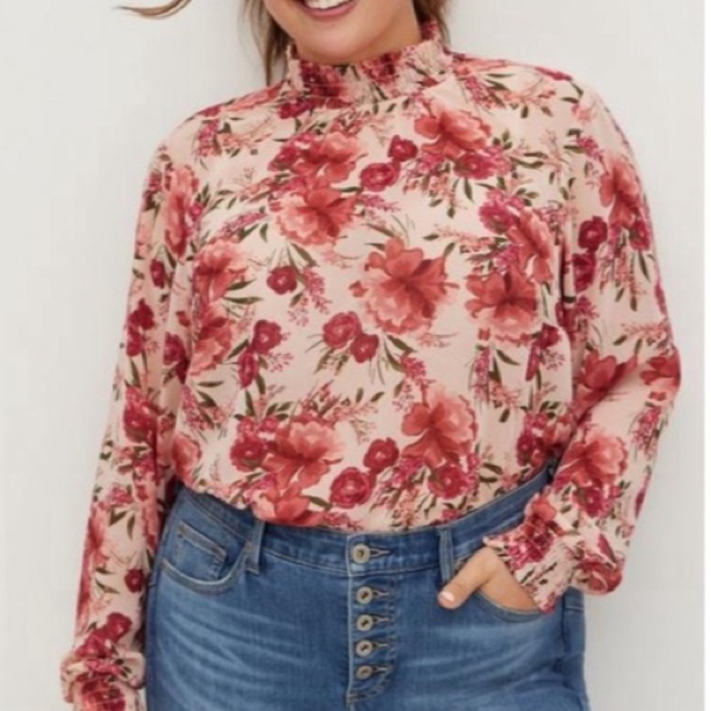 Torrid blush floral long sleeve mock neck sheer blouse 1X